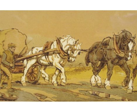 Unattributed late 19th / early 20th century watercolour, Shire horses pulling a tree trunk, 26 x 90 cm. Not available for in-
