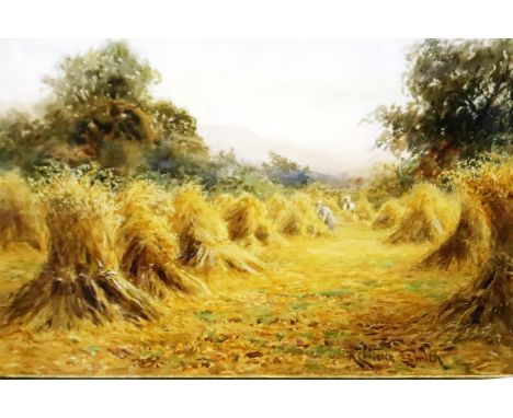 R Christie Smith (fl. 1924-1927): watercolour, haystacks, 33 x 21 cm. Not available for in-house P&amp;P 