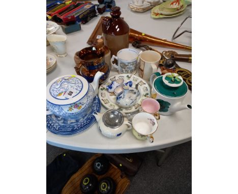 VICTORIAN LUSTER JUG, HUMMEL FIGURE, CUPS, PLATES ETC APPROX 21 ITEMS