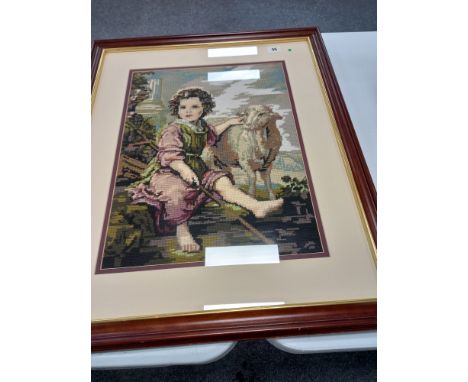 FRAMED TAPESTRY OF A CHILD WITH LAMB 22 X 27