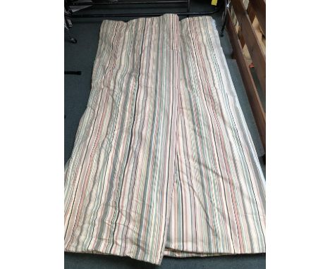 Pair cream curtains with pale coloured stripes, green, pinks, lined and interlined, tie backs, 237cm drop, 370cm width 
