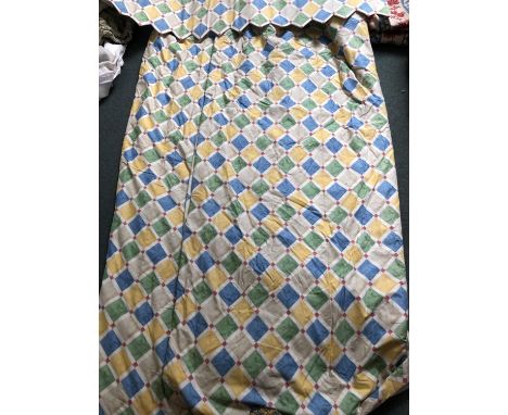 2 pairs curtains, lined and interlined;  Harlequin style check pattern, cream/green/blue/yellow/red; 228 drop 195cm width;  2