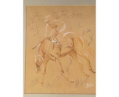 A pastel sketch of Horse and jockey by Arthur Tayler, signed by the Jockeys of the 1987 Flat season, Pat Eddery, Walter Swinb