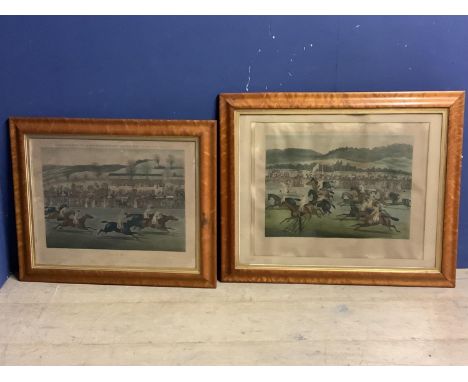 Two etching prints of Steeplechasing scenes, in glazed walnut frames, both with water marks and dirt, both images 48 x 60cm ;