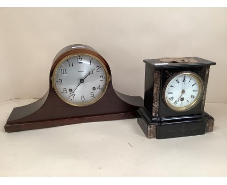 French mantel clock by Ansonia, and another slate manel clock with brass dial and roman numeral markers 