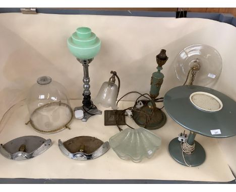 A quantity of lighting to include table lamps with green shades, clear bell shade, etc and a pair of Art Deco glass Wall ligh