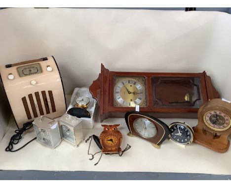 Collection of C20th carriage and mantle clocks, and a Metamack glazed wall clock, Vintage Bakelite style radio Eveready; 