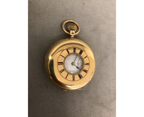 Please note glass face missing . 18ct gold cased half hunter pocket watch, crown wind movement, enamel face with roman numera