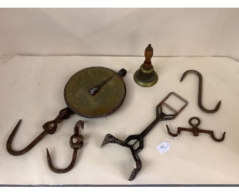 Set of industrial hanging scales, Salter, number 20T, retailed by Herbert &amp; Son, Brass face with hanging hooks; and a bra