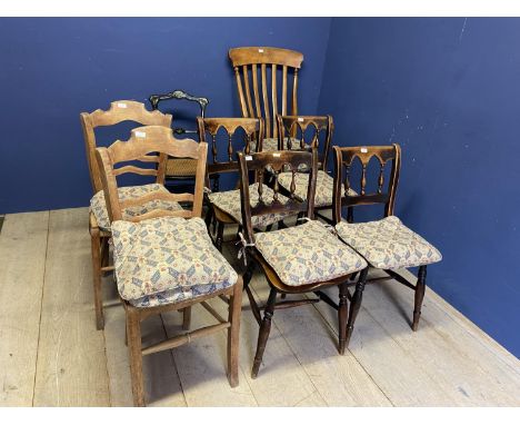 Quantity of chairs, including a set of elm seated Windsor Victorian cottage chairs spindle and gothic arched shaped back soli