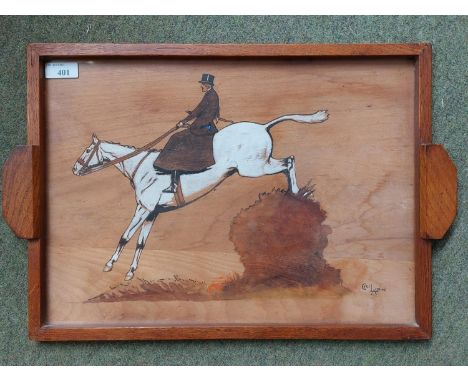 Oak framed and glazed tray, with a Cecil Aldin signed painting of a lady riding side saddle on a grey horse, Provenance, vend