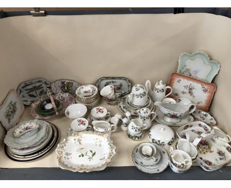 A Hammersley Bone China Millington Sprays set with handle and flanked with jug and bowl; and a Royal Crown Derby tea set, pin