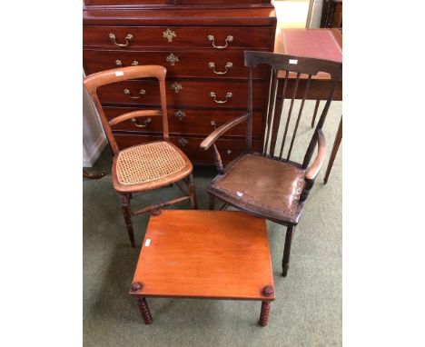 Small low table with bobbin turned legs, and a small elm bergere seated chair and another stick back chair; AND  a rustic woo