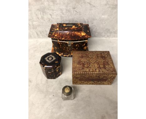 A C19th Tortoise shell and bone casket shaped two comparment tea caddy, and a hexagonal, white metal inlaid tortoise shell si