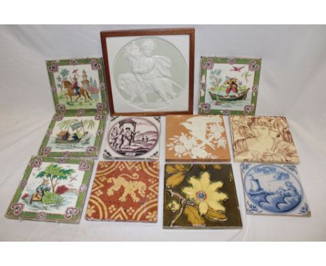 A 19th century ceramic tile depicting a cherub with lion, 8" x 8" and nine various 18th and 19th century ceramic tiles