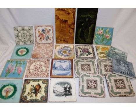 A selection of various ceramic tiles including early delft blue and white figure decorated tile, 4¼" x 5¼", various Victorian