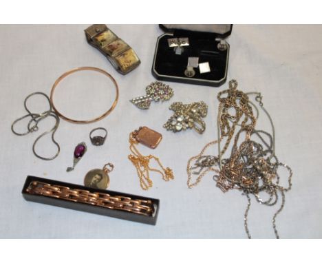 A selection of various costume jewellery and other jewellery including 9ct gold rectangular locket, gold plated bangle, vario