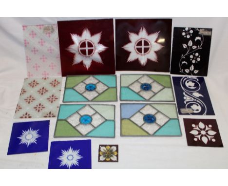 Four small stained leaded glass panels, 5½" x 7½"; a pair of ruby tinted glass star-cut panels, 8½" x 8½" and various other c