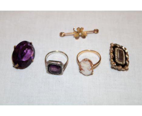 A 9ct gold dress ring set oval cameo portrait, dress ring set amethyst, pinchbeck mourning brooch, amethyst mounted brooch an