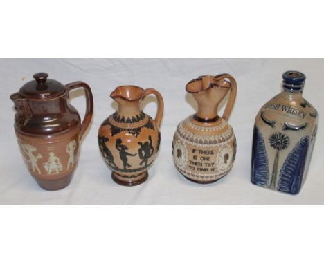 A Doulton Lambeth pottery tapered jug with raised text and portrait decoration "For Every Ill Beneath The Sun There Is A Reme