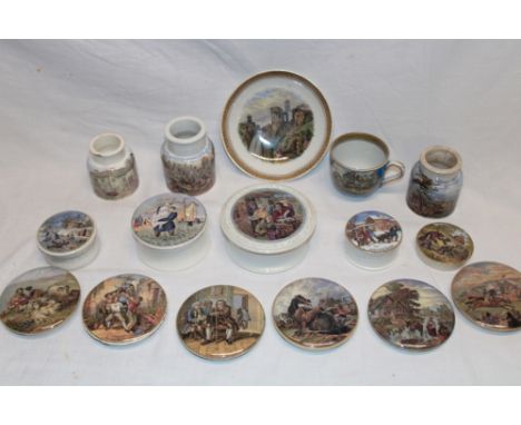 A selection of 19th century Prattware circular pot lids and related items including "Peace/TheWolf and  the Lamb/Dr. Johnson/