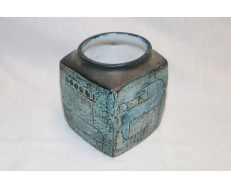 A Troika pottery square marmalade pot/vase with geometric decoration marked "Troika Cornwall England LT" 3½" high