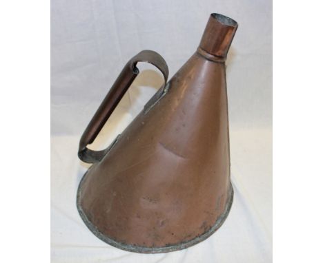 An unusual old copper conical-shaped flask with loop handle, 12½" high