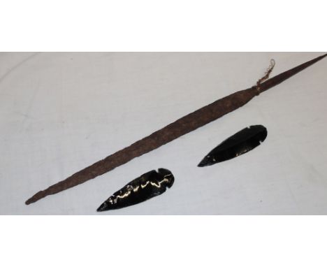 An ancient iron spear-head, 18" long overall (found locally) and two modern Neolithic-style spearheads, 4" long (3)