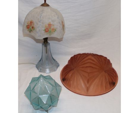 A 1930's/40's amber tinted glass inverted dome ceiling lightshade with angular decoration; blue tinted glass facetted lampsha