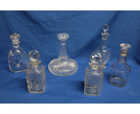 A pair of cut-glass square-shaped decanters and stoppers, Royal Doulton glass ship's-style decanter and stopper, late Victori