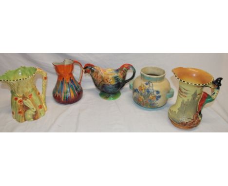 A Burleigh pottery Pied Piper jug, Crown Devon Art Deco-style two-handled vase, pottery rooster tea pot and two other jugs (5