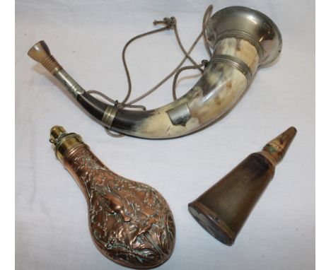 A 19th century brass mounted copper powder flask by Hawksley with dead game decoration, 18th century horn powder flask and st