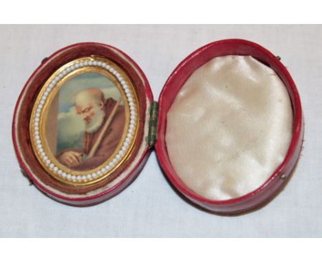 A 19th century miniature watercolour portrait "The Monk of Sterne", 2" x 1½" oval in gilt pendant frame and Morocco leather c