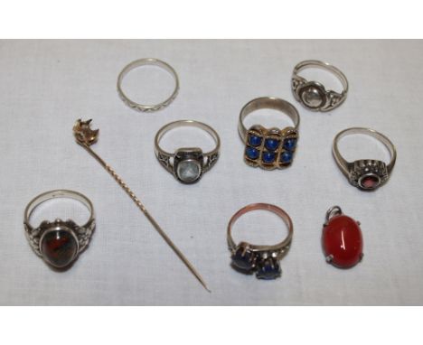 A selection of various dress rings, mainly silver together with gold mounted stick pin and one other decorative dress ring