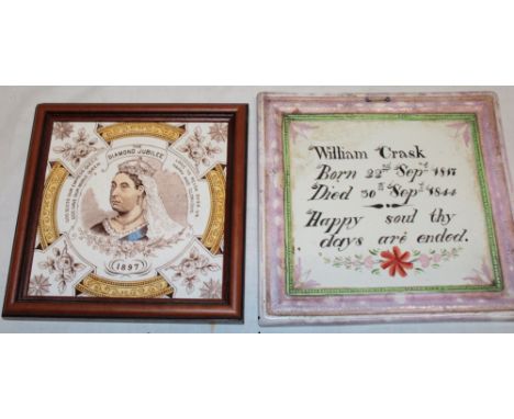 A 19th century Sunderland china sqaure memorial plaque "William Crask Born 22 September 1817 - Died 30 September 1844 - Happy