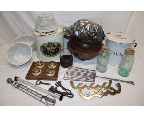 A selection of vintage domestic items including early Beldray Rapid vacuum ice-cream freezing cylinder, enamelled flour bin, 