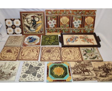 A selection of 19th century ceramic tiles including Jackfield female and swan decorated tile, 8" x 8", four Mintons sepia fab