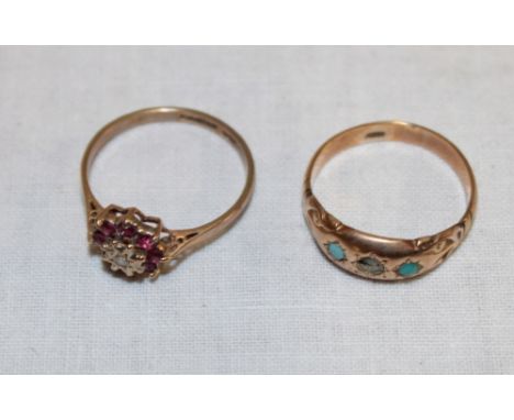 A 9ct gold dress ring set turquoise (damaged) and one other 9ct gold dress ring (3.8g)(2)