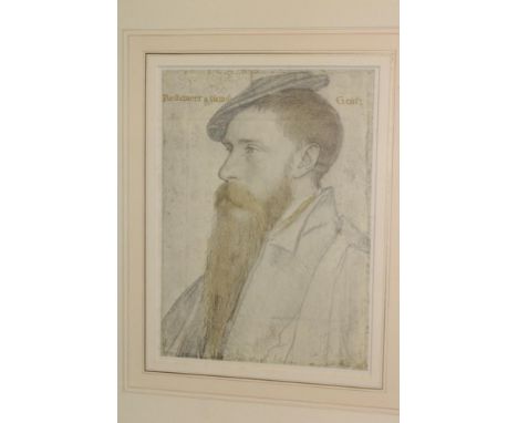 A coloured portrait print "Reskemeer - a Cornish Gent" after Hans Holbein, framed and glazed