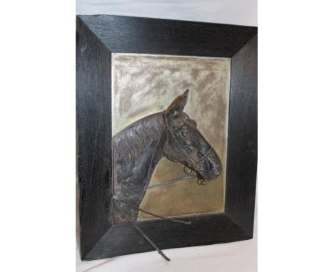 A silver-plated bust study of a race horse on silver-plated panel within oak frame, 16½" x 13" overall