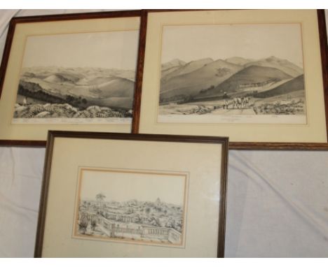 A selection of Indian related engravings and maps including "Plan of the Cantonment of Ootacamund 1841"; pen and ink sketch o