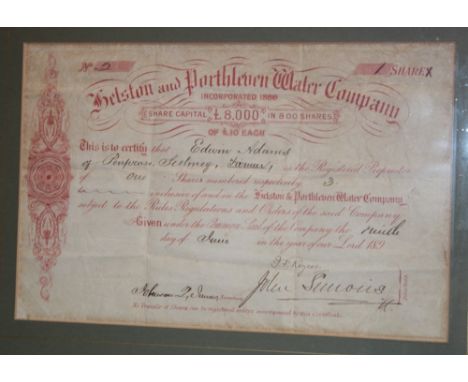 A late 19th century Cornish share certificate for the Helston & Porthleven Water Company, framed and glazed