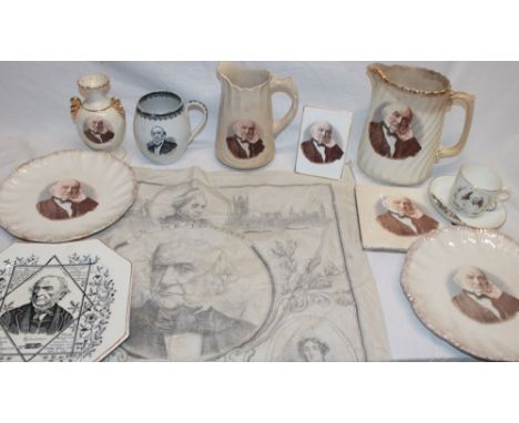 A selection of William Gladstone commemorative ceramics including various commemorative plates, jugs, ceramic tile, china pla