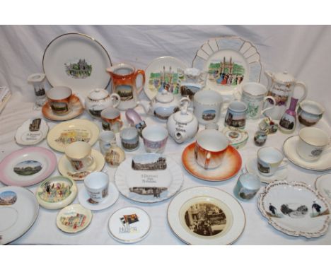A large selection of various Helston related souvenir china and presentation china including numerous jugs, teapots, plates, 