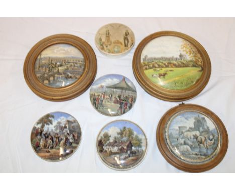 Seven various 19th century Prattware pottery circular pot lids including The Residence of Anne Hathaway, The Village Wedding,