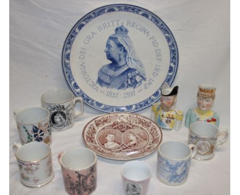 A selection of Victorian commemorative china including large 15" Staffordshire pottery charger with portrait decoration, vari