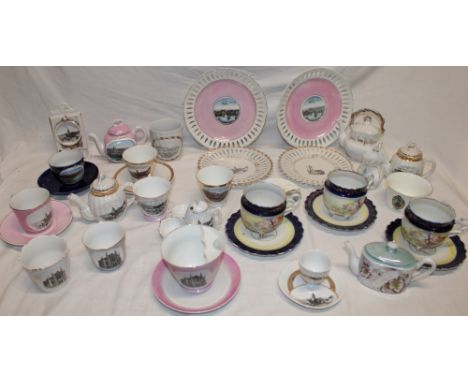 A large selection of Porthleven souvenir china and decorative china including cups and saucers, Porhleven decorated tea pots,