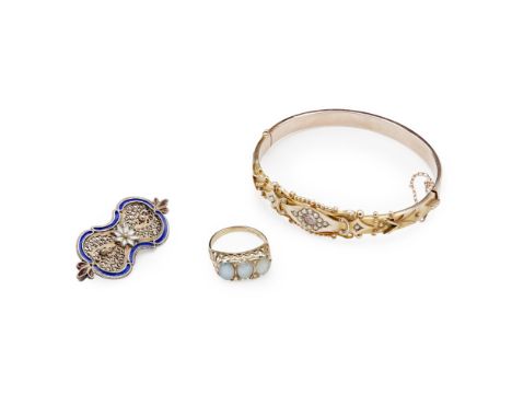 A collection of Victorian jewellery  to include a 9ct gold seed pearl and pink gem set bangle, a three stone opal set ring, t