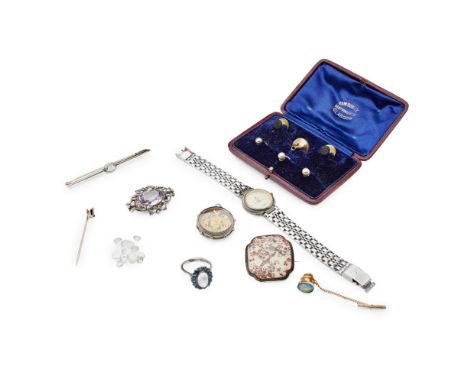 A collection of jewellery and watches  to include a moonstone and sapphire set cluster ring, an amethyst set brooch; a ruby s