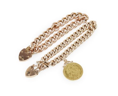 Two curb link bracelets  the first of plain design, indistinctly marked, with padlock clasp stamped 9ct, the second of simila
